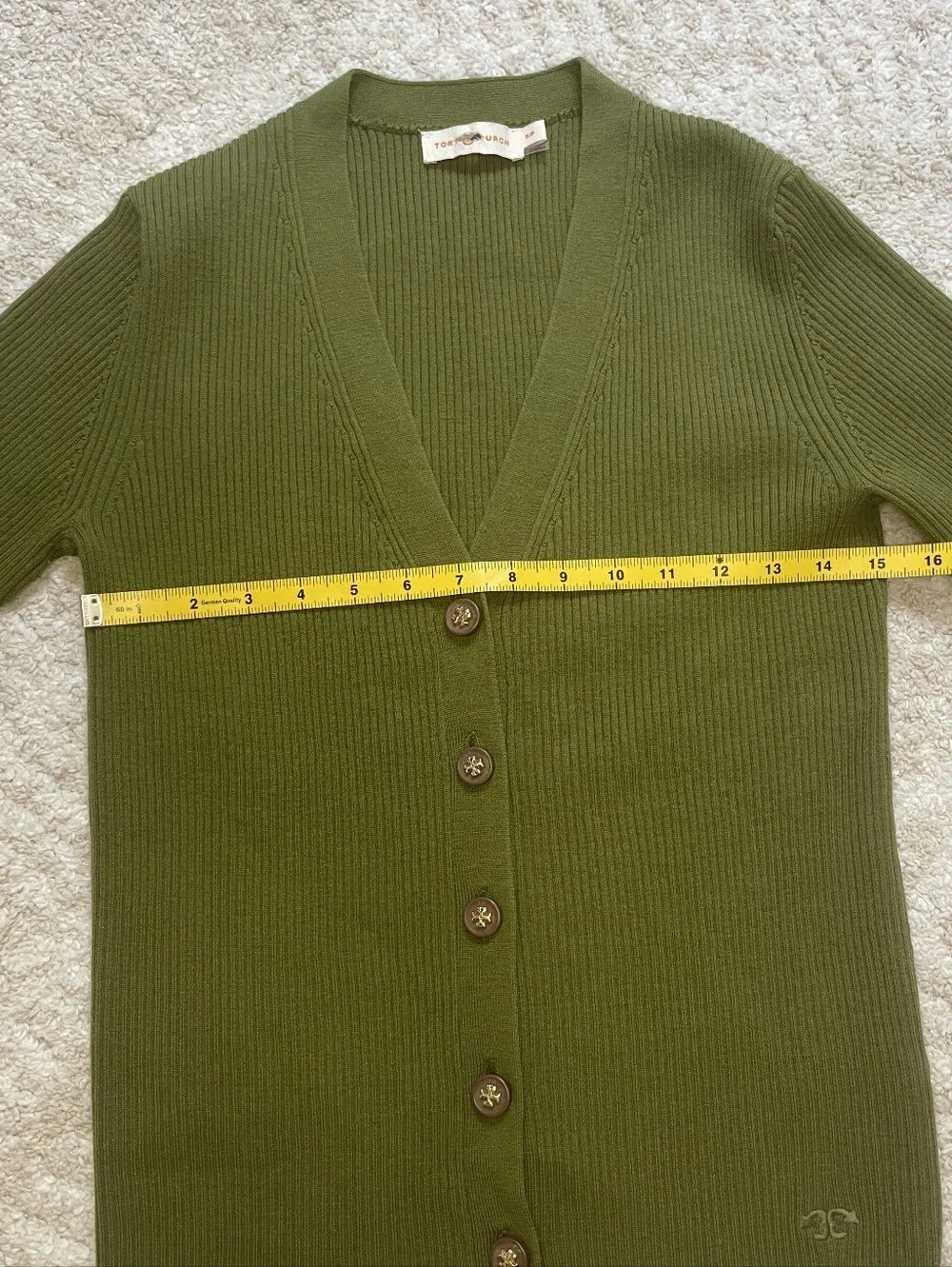 Tory Burch Merino Wool Olive Green Ribbed V-Neck Cardigan Size S